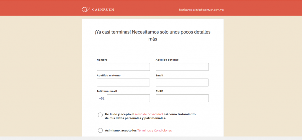Ingresa tus datos en en la solicitud del préstamo en línea Cashrush 